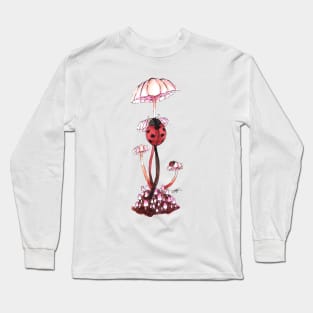 Ladybug climbing pink mushrooms Watercolour Painting Long Sleeve T-Shirt